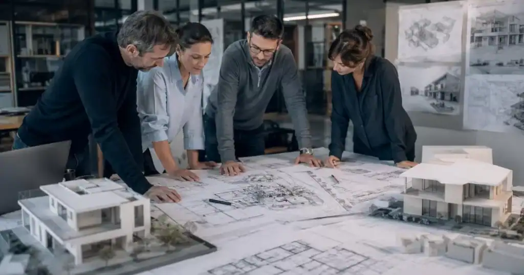 Arquitectos revisando planos de viabilidad y planificacion en oficina moderna
