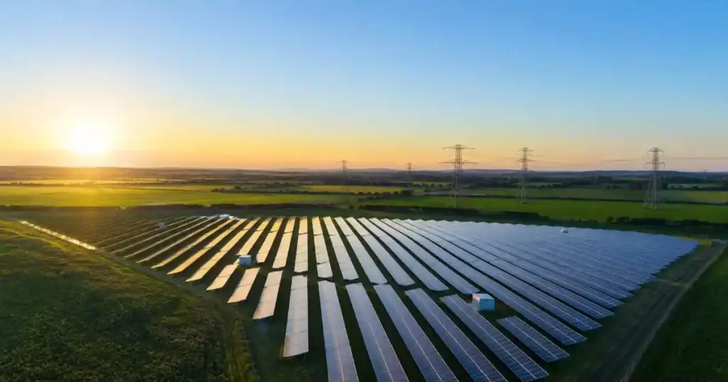 parque solar fotovoltaico exportando energia a la red electrica con torres de alta tension