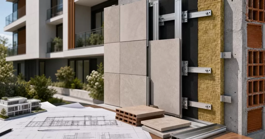 Detalle constructivo de fachada ventilada con camara de aire aislamiento subestructura y panel ceramico