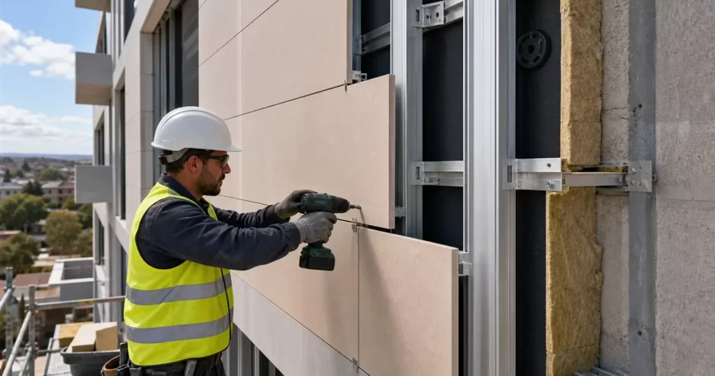 Operario instalando fachada ventilada con paneles ceramicos y camara de aire, fachadas ventiladas eficiencia energetica y diseno