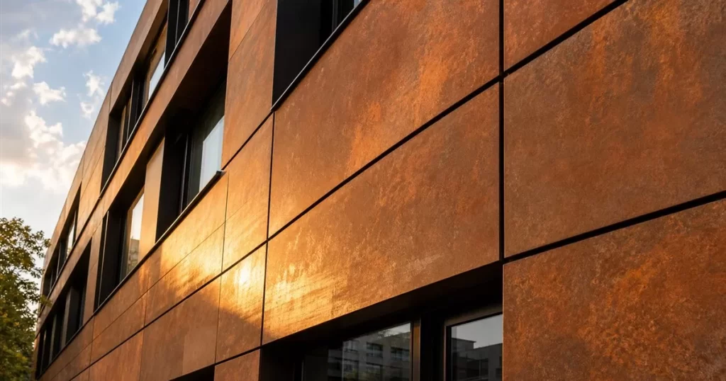 Fachada ventilada de gres porcelanico efecto corten en edificio moderno, fachadas ventiladas ventajas y tendencias