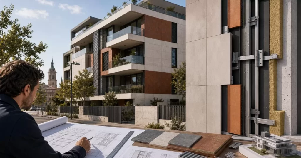 Edificio en Zaragoza con fachada ventilada paneles ceramicos aislamiento y arquitecto revisando planos