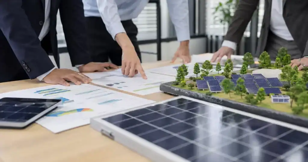 Reunion de inversores revisando documentos de financiacion de proyecto solar con graficos de rentabilidad