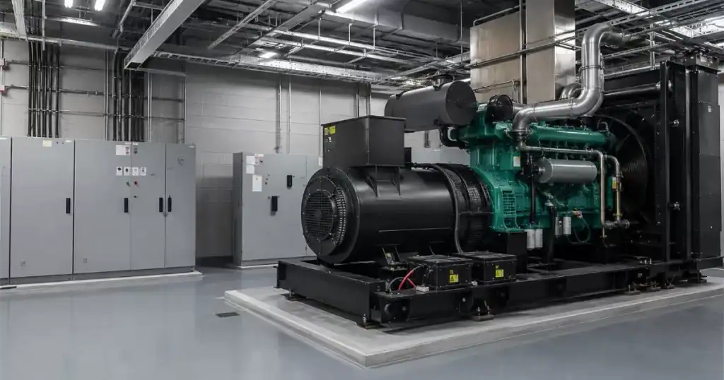 Sala tecnica de un edificio moderno con generador electrico de emergencia y cuadros electricos