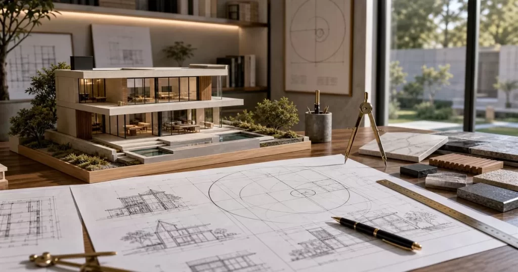 Maqueta de vivienda con planos de geometria sagrada compas y materiales premium en estudio de arquitectura