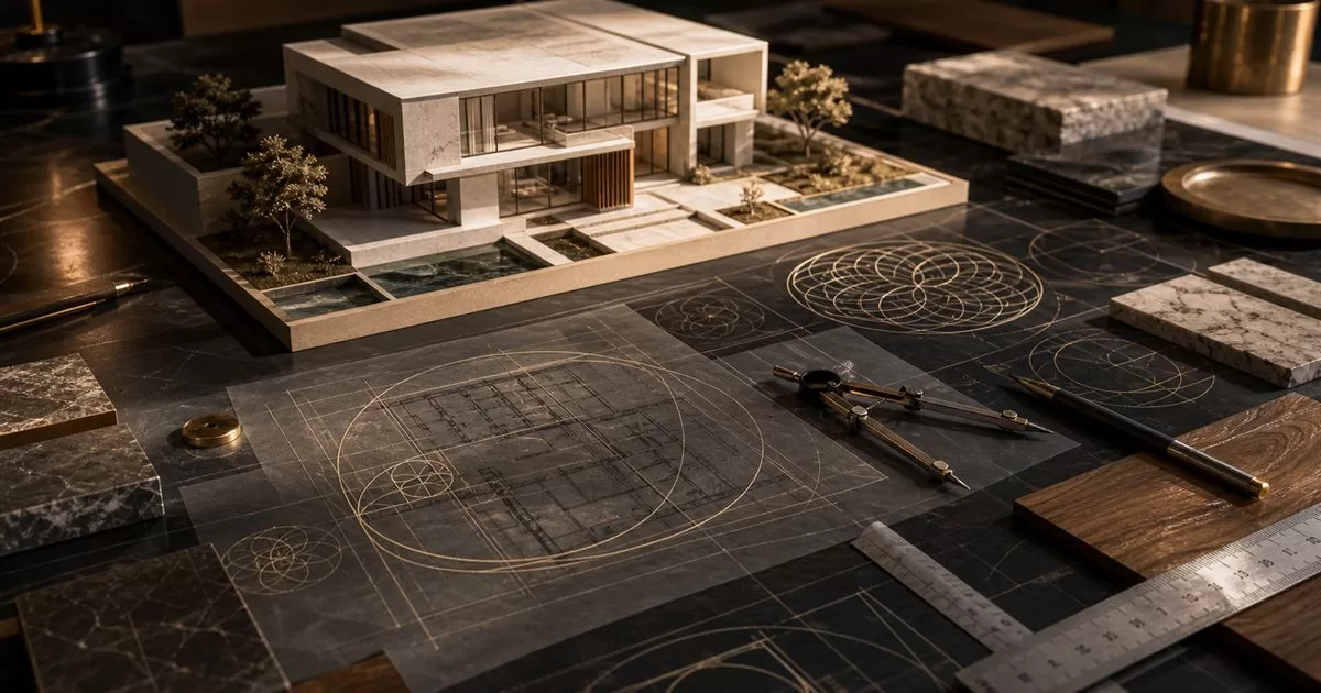 Maqueta de vivienda premium con geometria sagrada proporcion aurea compas y materiales nobles de arquitectura de lujo