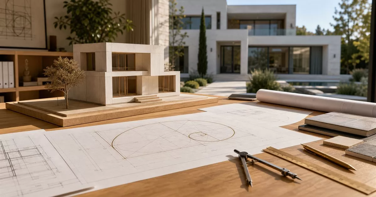 Maqueta de vivienda y planos con proporciones geometricas en estudio de arquitectura