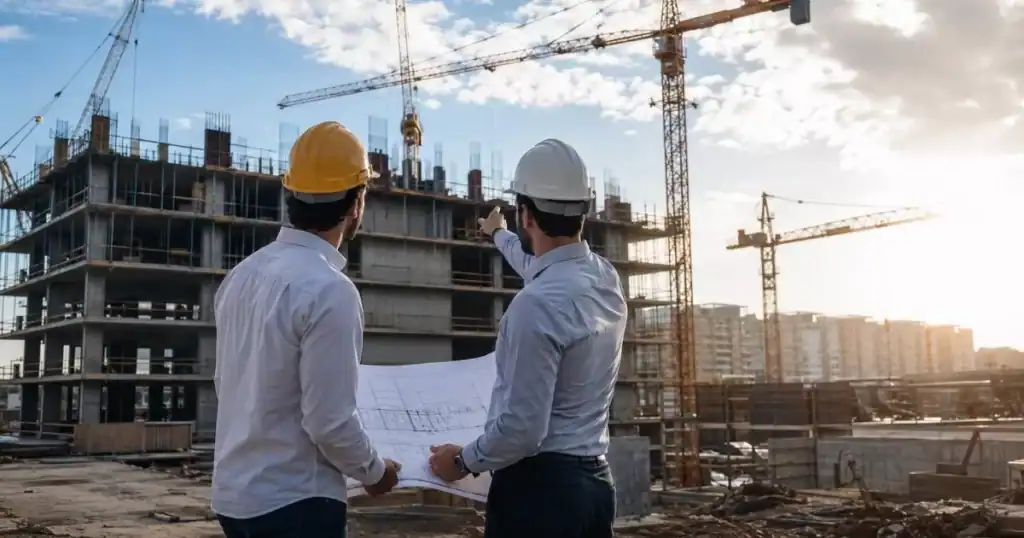 Director de obra revisando planos en obra de construccion con gruas al fondo