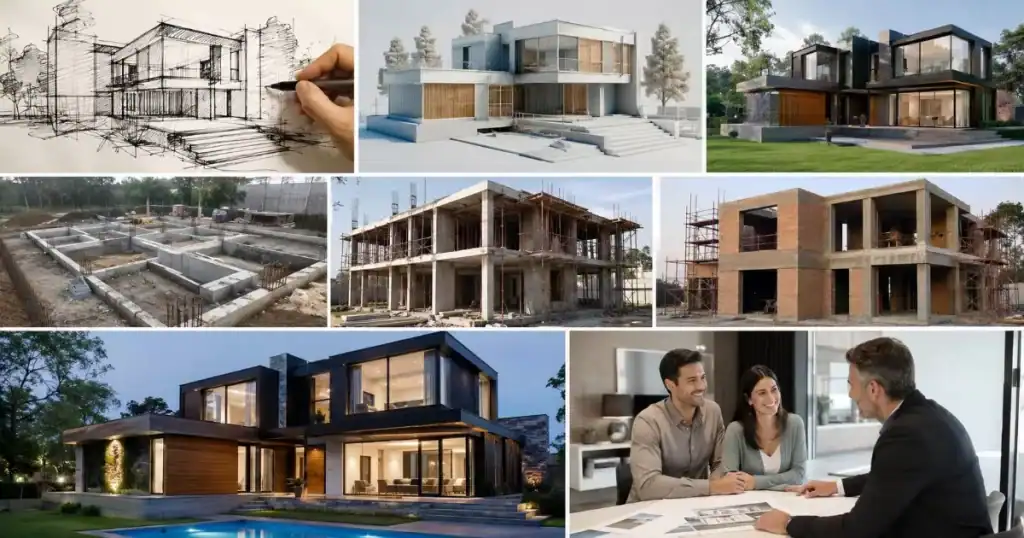 Arquitecto gestionando proyecto arquitectonico desde concepto hasta edificio terminado