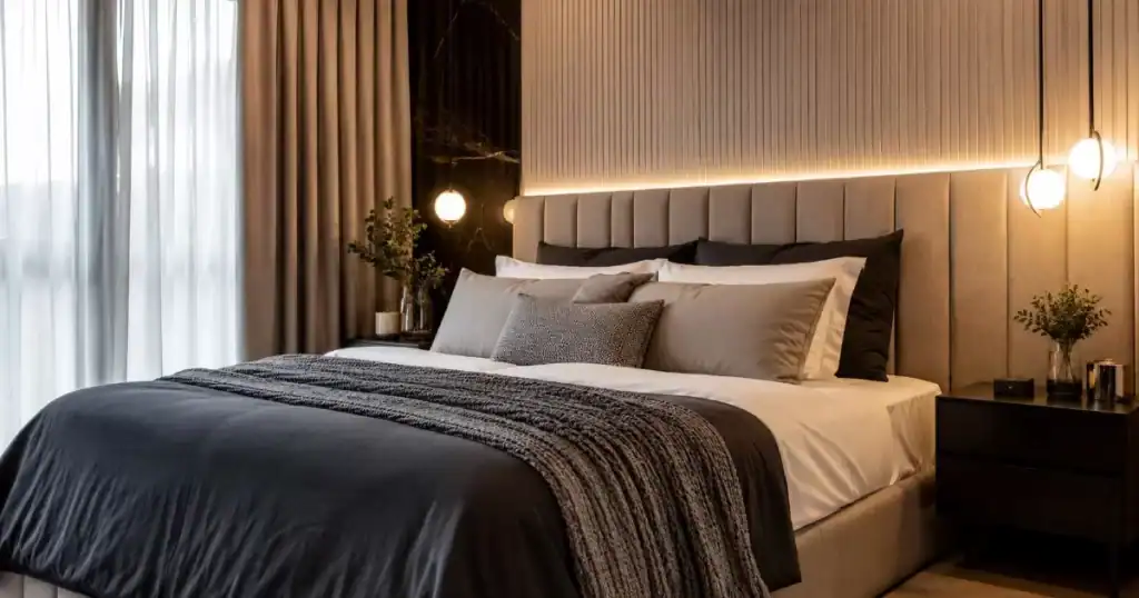 Dormitorio moderno y elegante con cabecero tapizado iluminacion calida y diseno contemporaneo
