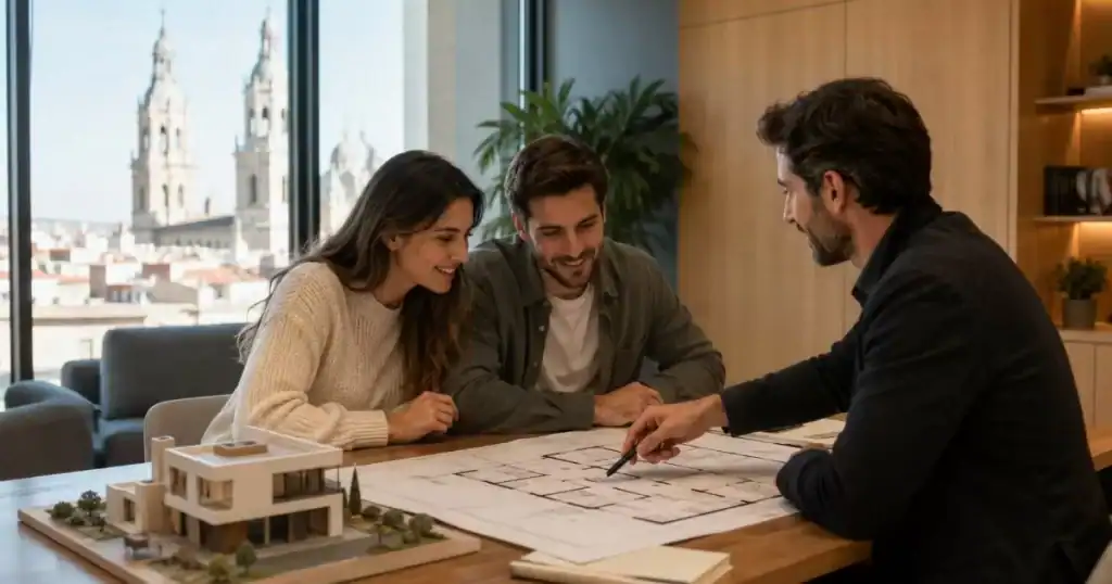Pareja joven reunida con arquitecto mirando planos para construir su propia casa en Zaragoza