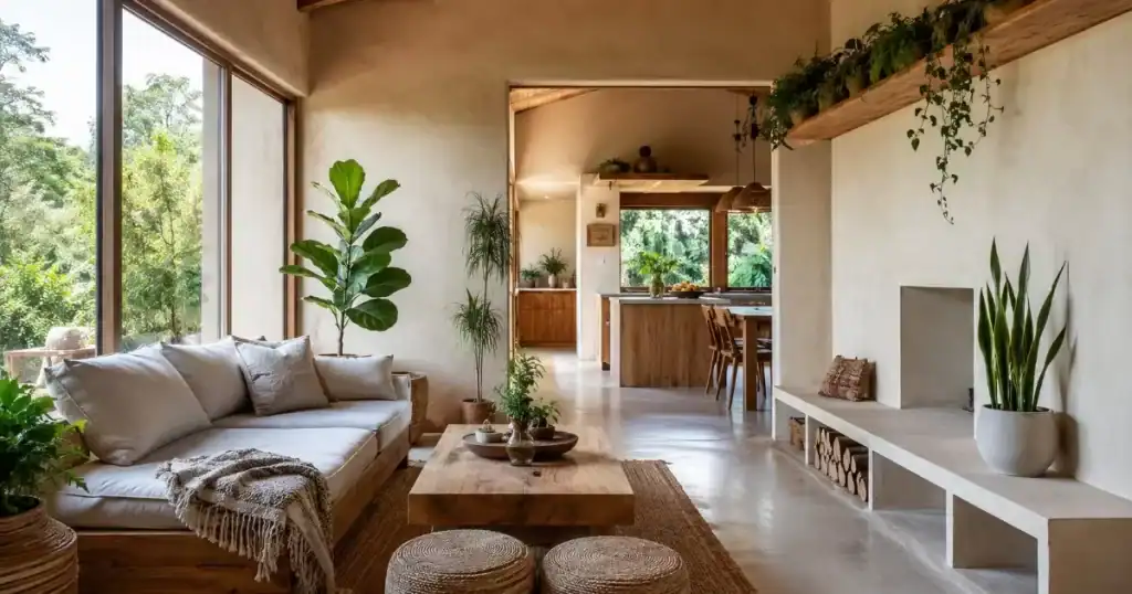 Interior con revoco de arcilla, madera maciza y plantas, diseno arquitectonico libre de contaminantes para un hogar saludable