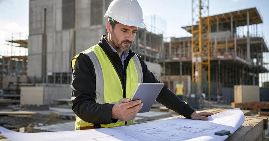 Project manager con casco revisando planos y planificacion en una obra