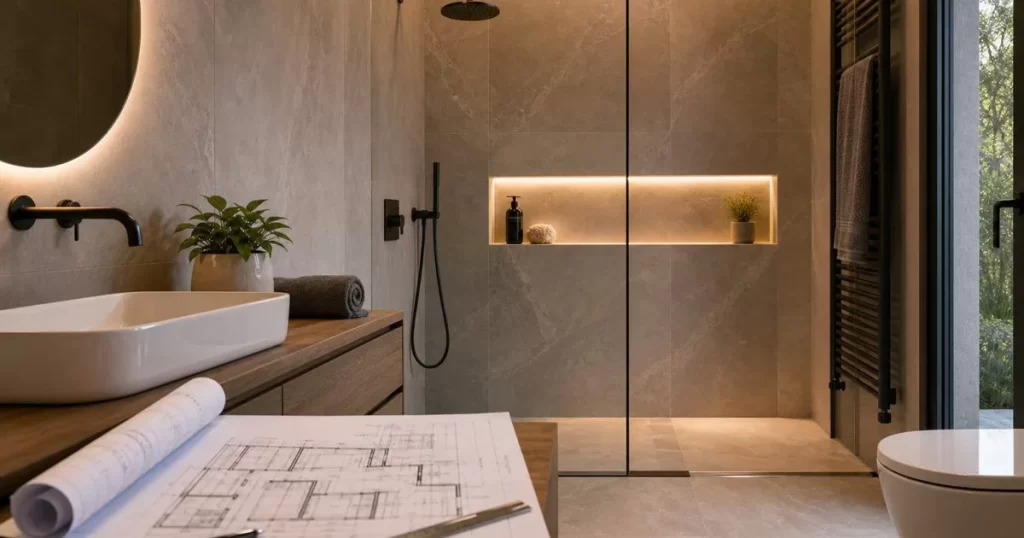 Baño moderno reformado con hornacina iluminada en ducha porcelanico premium y planos de reforma