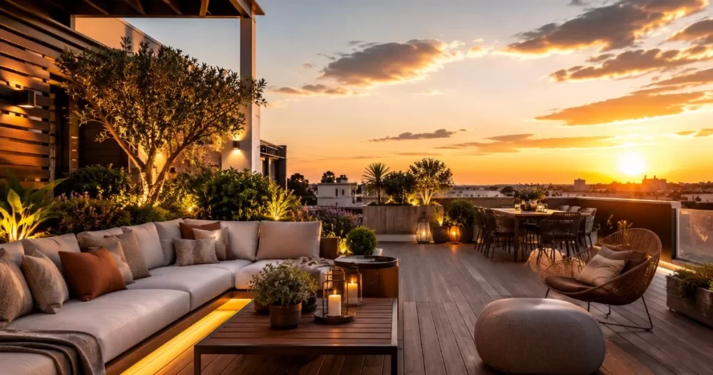 Terraza moderna con suelo de madera mobiliario exterior y plantas al atardecer