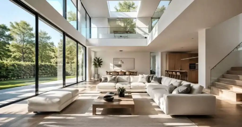 interior luminoso de vivienda moderna con grandes ventanales y luz solar natural en salon