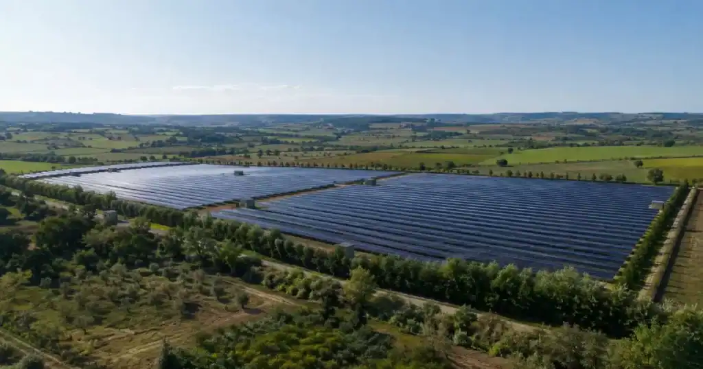 parque fotovoltaico integrado en paisaje con pantallas vegetales reduciendo impacto visual