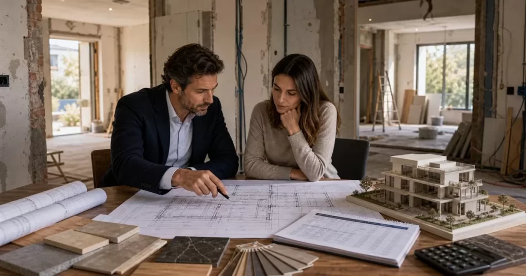 Arquitecto revisando planos presupuesto y materiales con cliente en una reforma integral de vivienda
