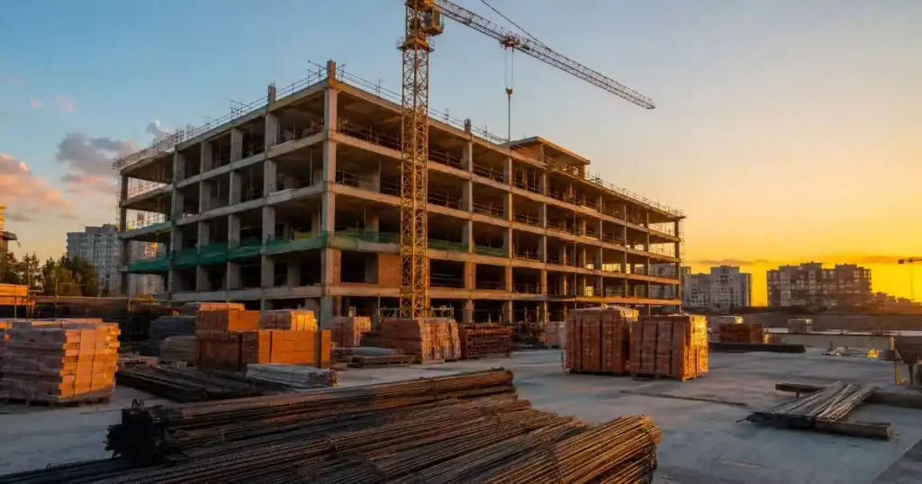 Obra de construccion residencial con grua torre y acopio de materiales, impacto de la inflacion en la construccion