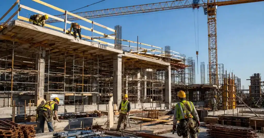 Trabajadores cualificados de la construccion en obra con grua y andamios