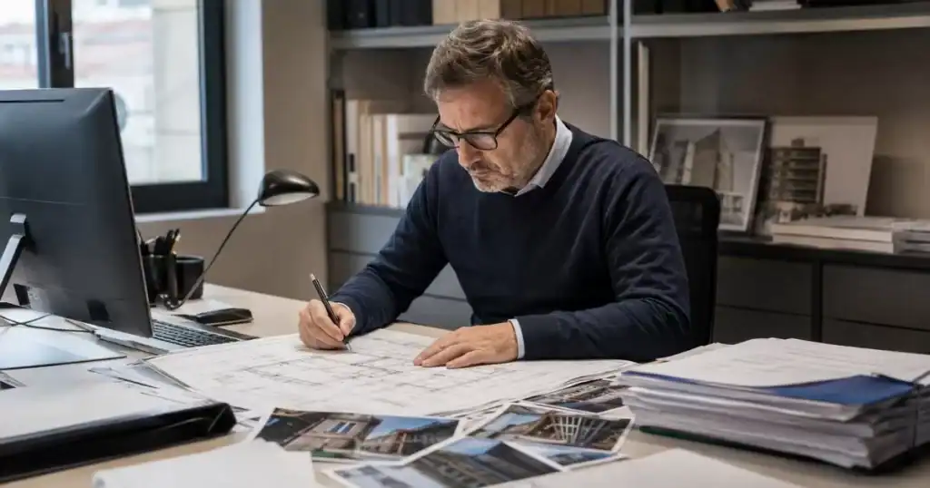 Arquitecto perito redactando informe pericial tecnico con planos y documentacion para procedimiento judicial
