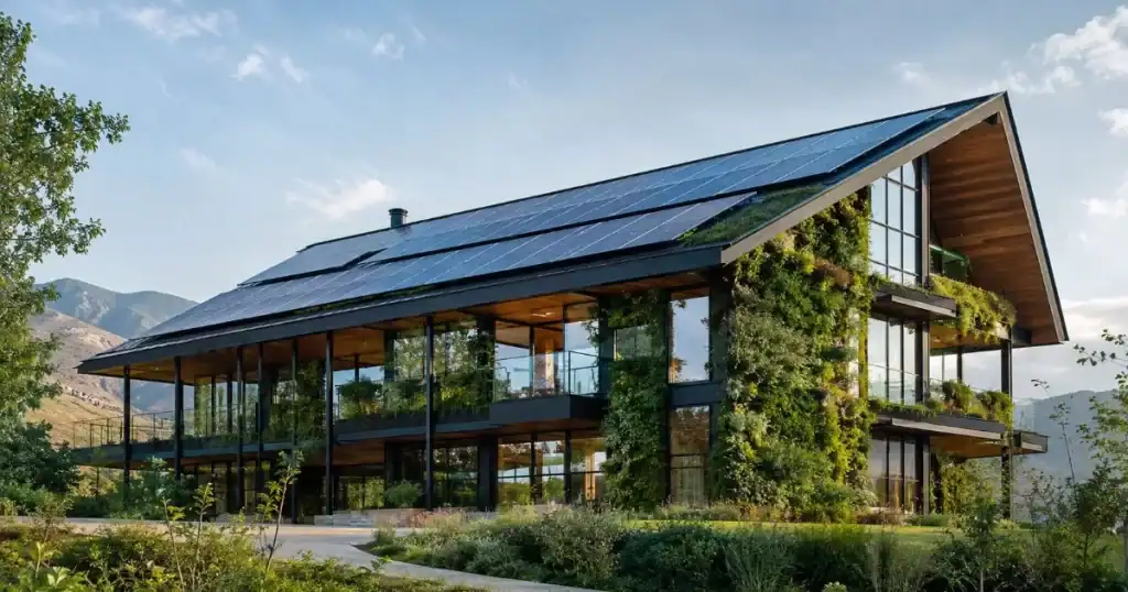Edificio sostenible e innovador con paneles solares y fachada verde
