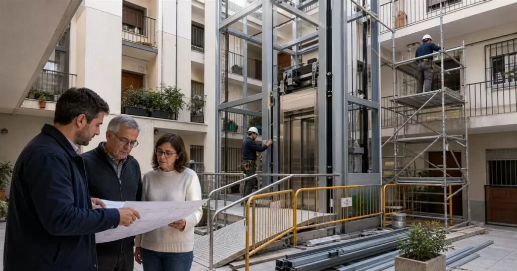 Instalacion de ascensor en comunidad de Zaragoza con hueco estructura metalica accesibilidad y arquitecto con planos