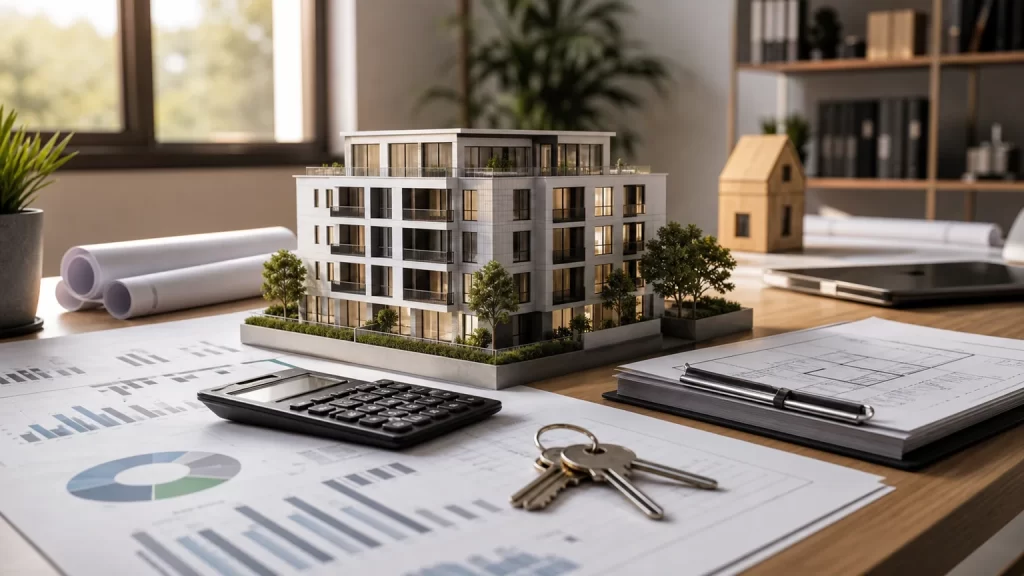 Imagen editorial de inversion inmobiliaria con maqueta residencial, planos, calculadora y llaves