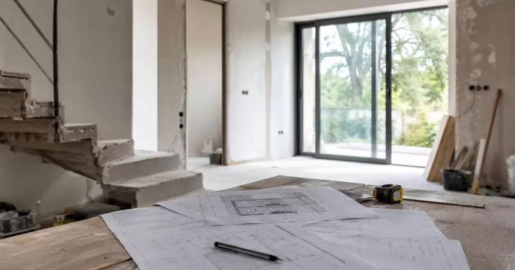 Vivienda en reforma menor con permisos y planos sobre la mesa