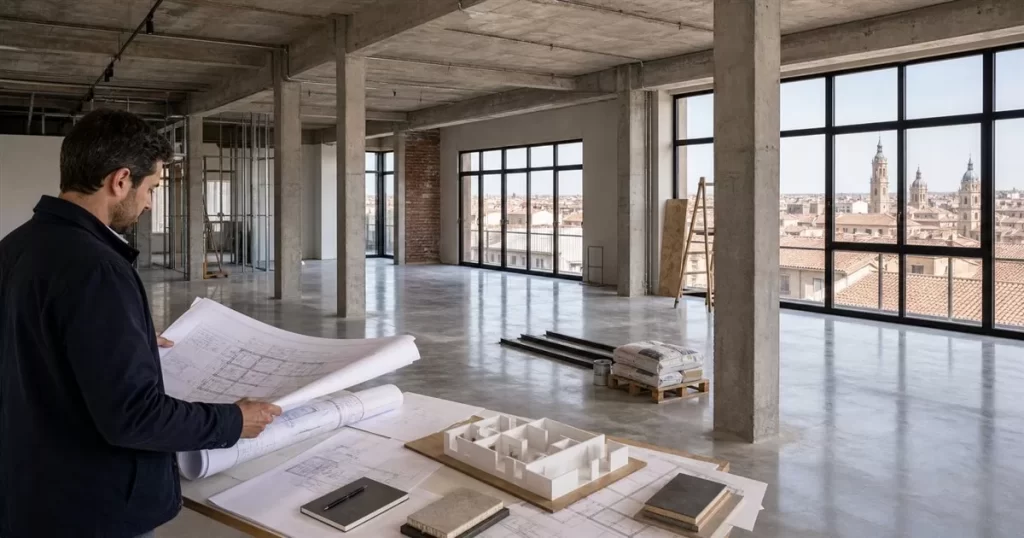 Loft de obra nueva en Zaragoza con espacio diafano estructura vista grandes ventanales y arquitecto revisando planos
