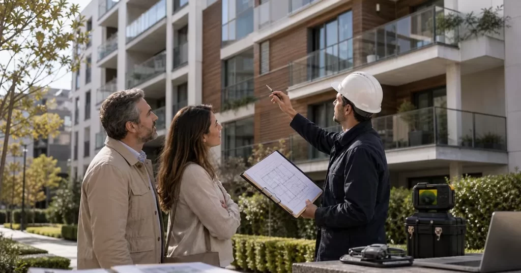 Tecnico revisando mantenimiento de edificio residencial con vecinos planos de inspeccion y herramientas de diagnostico