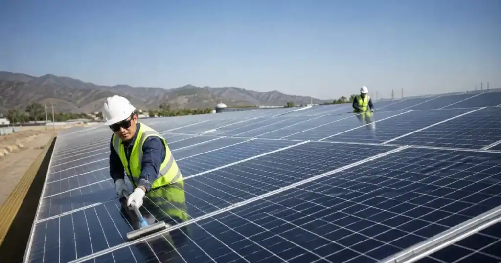 Tecnicos realizando mantenimiento profesional en parque fotovoltaico solar