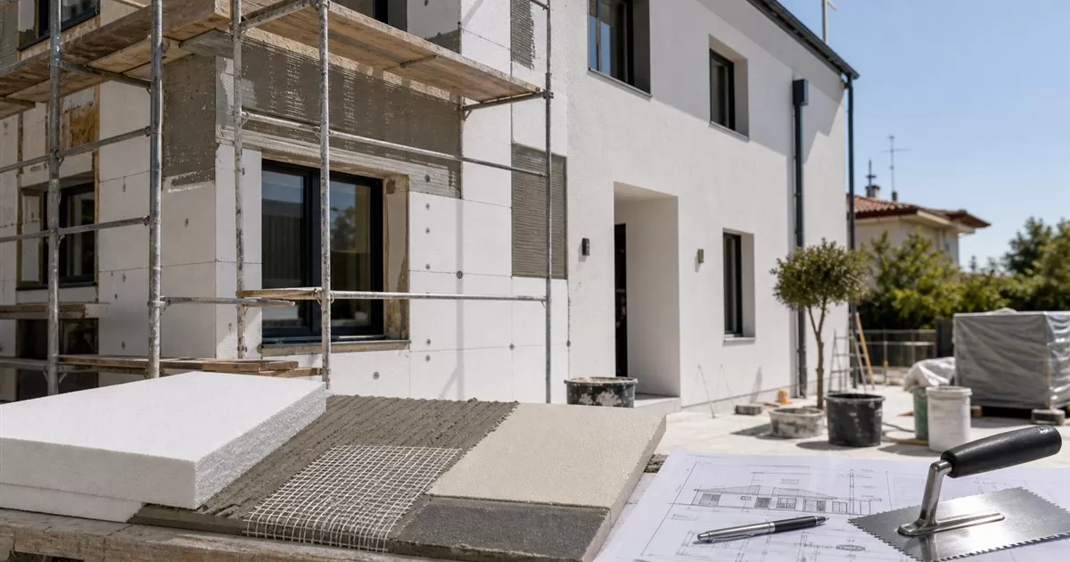 Fachada de vivienda con sistema SATE de aislamiento termico exterior y paneles aislantes