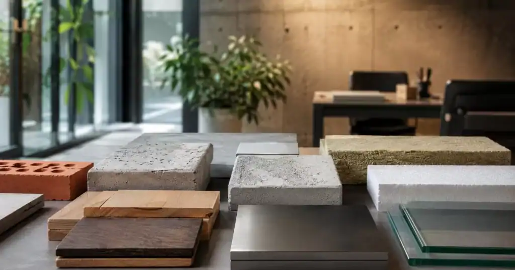 Seleccion variada de materiales de construccion modernos con muestras de hormigon madera acero y aislante