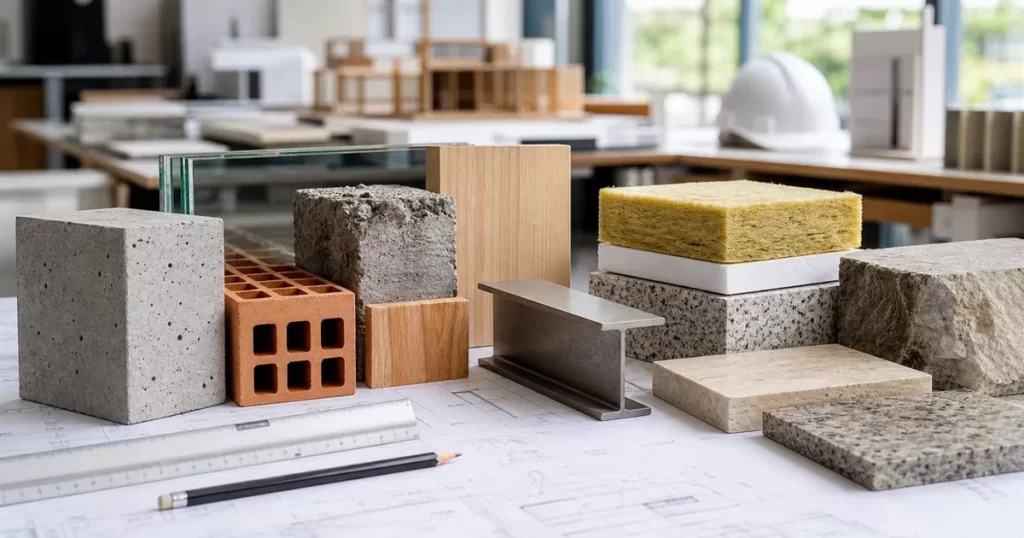 Muestrario de materiales de construccion con hormigon ladrillo acero madera vidrio aislamiento y planos