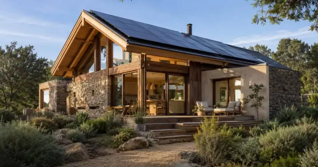 vivienda moderna construida con materiales ecologicos madera piedra natural y paneles solares