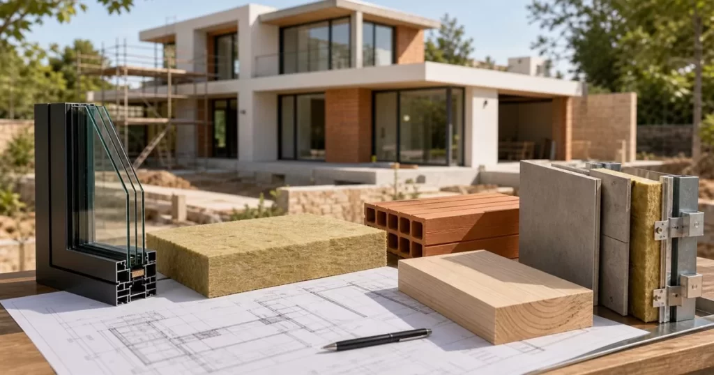 Materiales eficientes de construccion con aislamiento vidrio tecnico ladrillo y madera sobre planos arquitectonicos