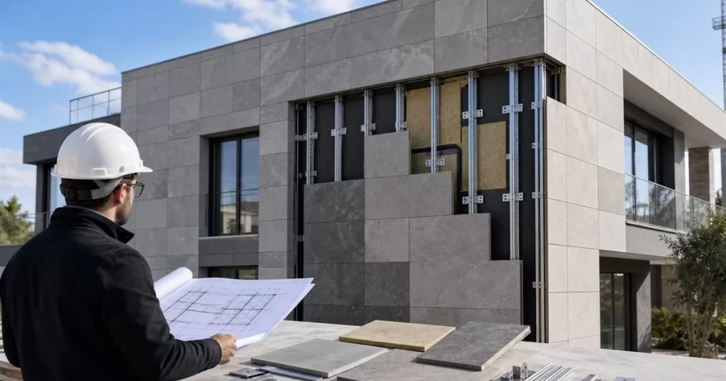 Fachada ventilada moderna con paneles ceramicos subestructura aislamiento y planos tecnicos