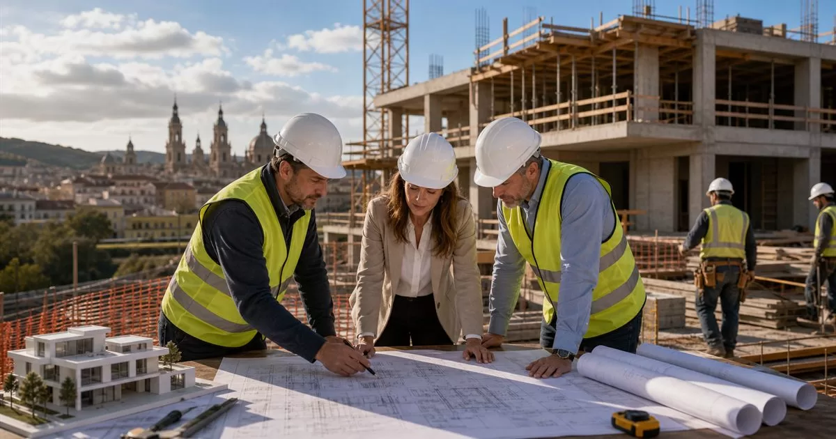 Equipo de construccion en Aragon coordinando obra residencial con planos maqueta cascos y grua