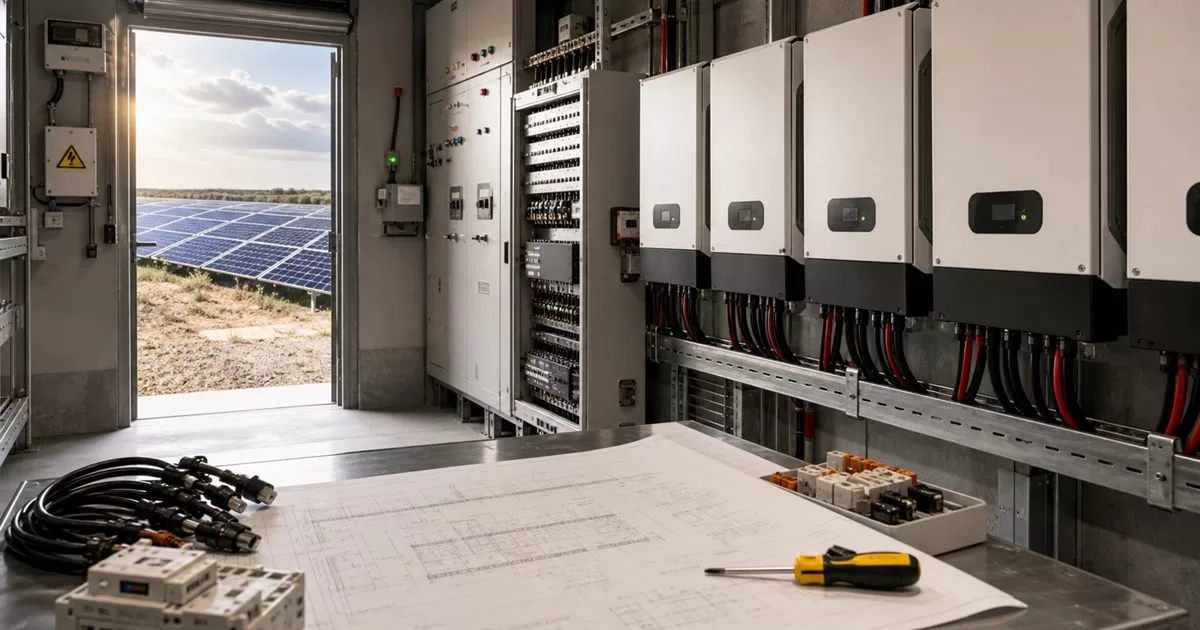 Sala tecnica con inversores solares industriales cuadros electricos y parque fotovoltaico al fondo