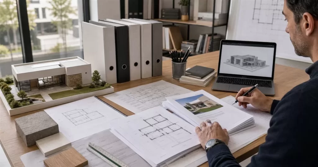 Memoria justificativa del CTE con arquitecto preparando documentacion planos maqueta y cumplimiento tecnico