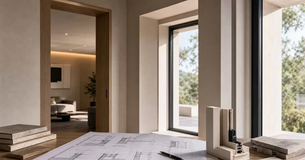 Mochetas de puertas y ventanas en vivienda moderna con planos de detalle y muestras de acabado