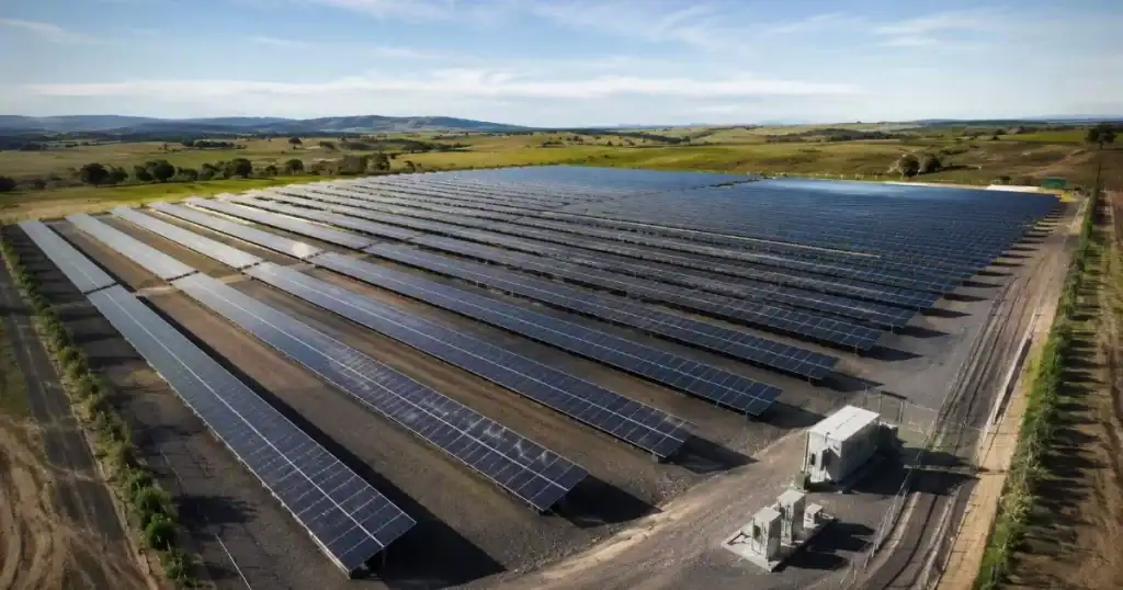 Render 3D fotorrealista de parque fotovoltaico con paneles solares en terreno abierto