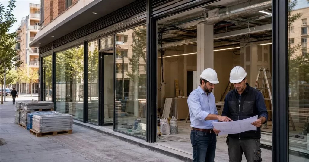 Obra nueva de local comercial en Zaragoza con fachada acristalada interior en obra y arquitectos revisando planos
