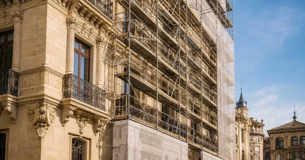 Edificio histórico catalogado del Centro Histórico de Zaragoza con fachada de piedra caliza, andamios profesionales de obra de rehabilitación y lona protectora — patrimonio