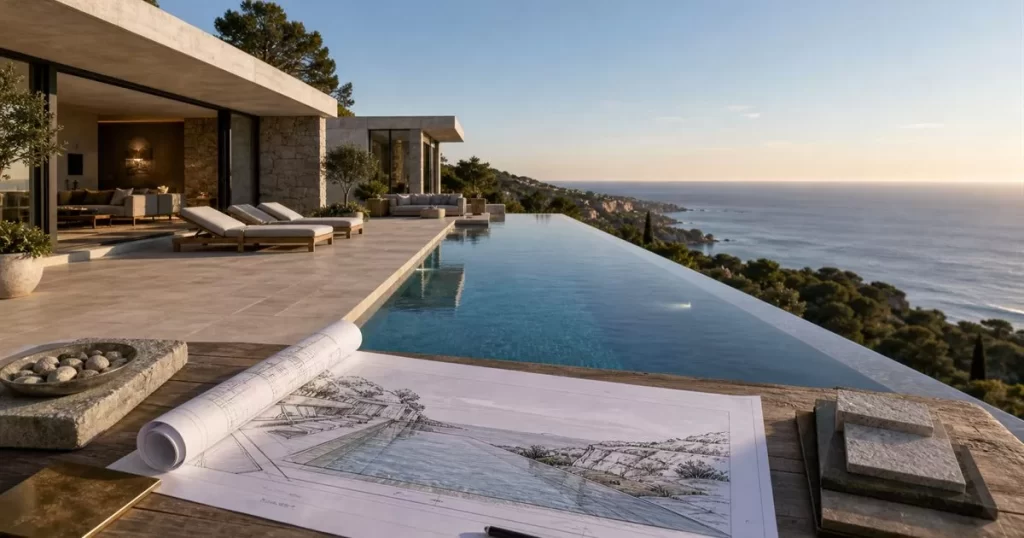Piscina infinita en villa contemporanea con borde desbordante vistas al mar y planos de diseño arquitectonico