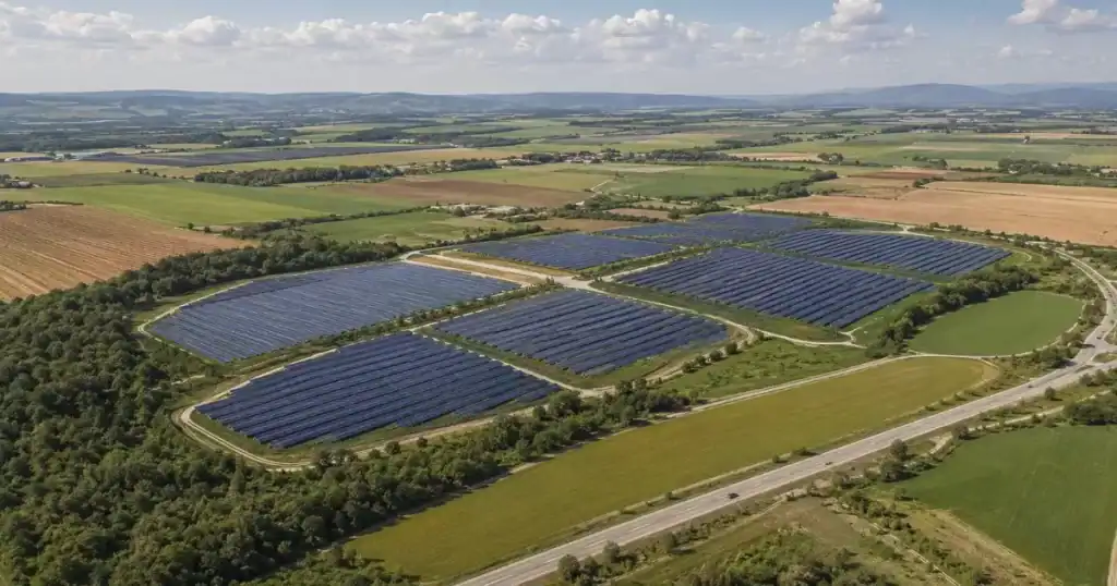 parque fotovoltaico integrado en paisaje territorial con campos agricolas y zonas naturales