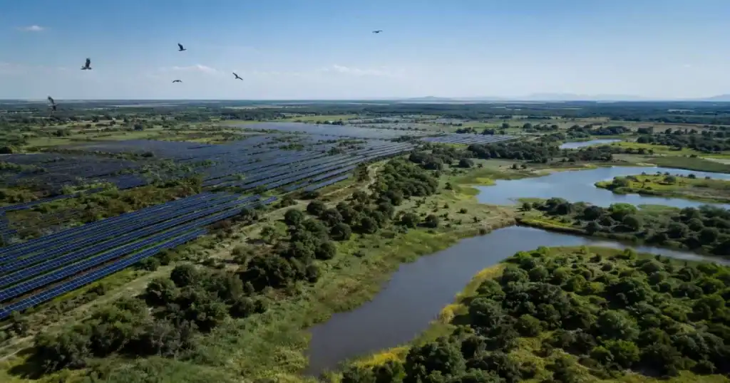 parque fotovoltaico integrado en zona natural protegida con vegetacion autoctona y fauna