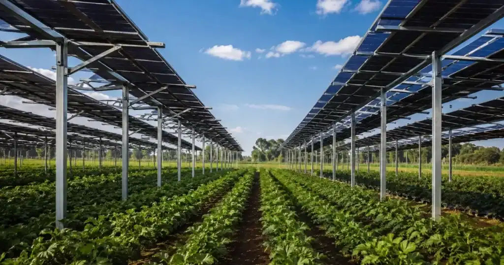 Parque agrovoltaico con paneles solares elevados sobre cultivos agricolas en armonia