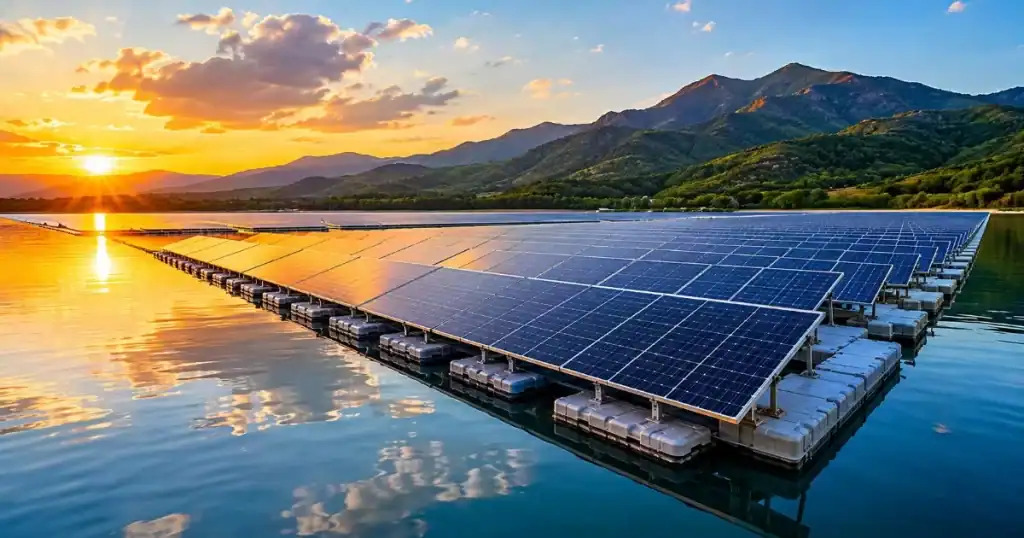 Parque fotovoltaico flotante con paneles solares sobre superficie de lago o embalse